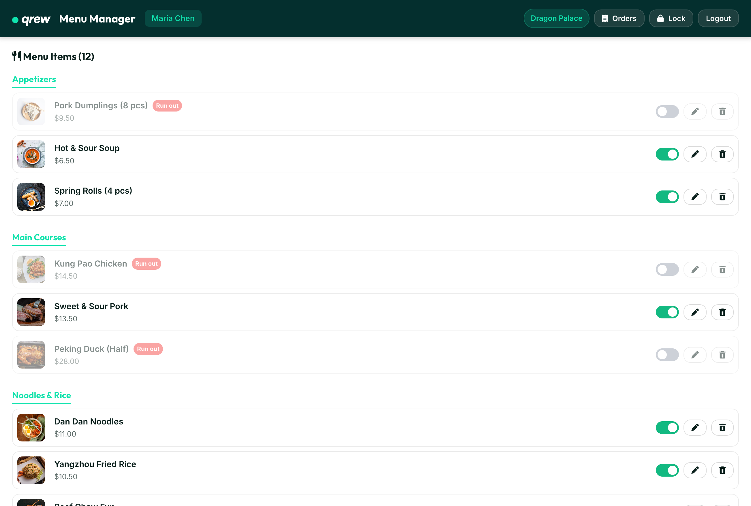 qrew menu manager dashboard