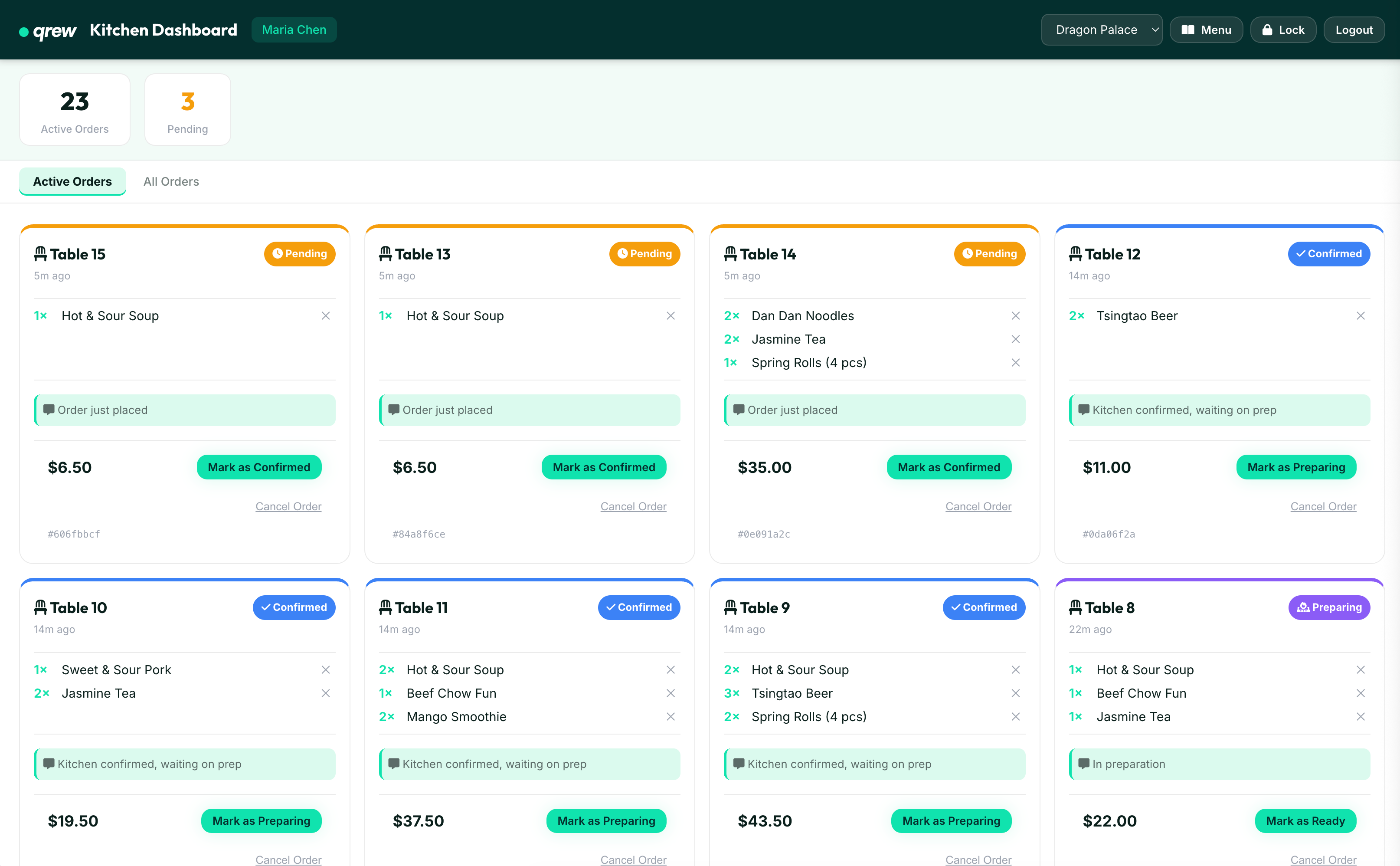 qrew kitchen dashboard showing live orders